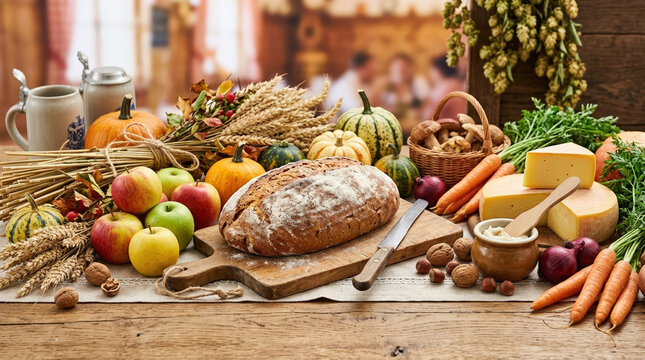 Traditional German harvest festival food display on a rustic wooden table. Crusty bread with fresh autumn vegetables cheese and apples