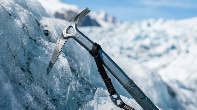 Metal ice axe stuck in blue glacier ice. Mountaineering equipment in extreme alpine landscape