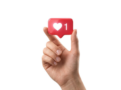 Human hand holding a red 3d social media like notification icon isolated on transparent background