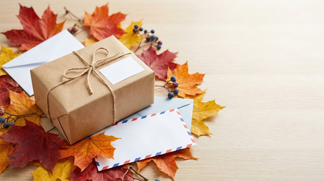 Brown paper parcel with twine and envelopes on autumn leaves. World post day concept with copy space