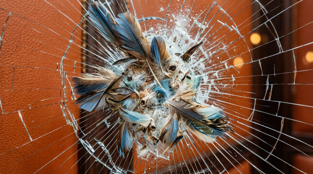Shattered glass window with bird feathers. Bird strike impact damage. Wildlife safety concept
