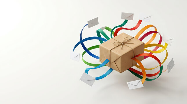 Brown parcel with colorful ribbons and flying envelopes. Concept of global communication and delivery