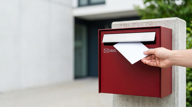 Hand inserting a white envelope into a red wall-mounted mailbox. Concept of sending mail