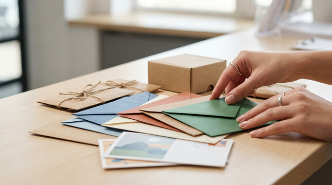 Hands sorting colorful envelopes on a wooden desk. Concept of World Post Day and mail delivery