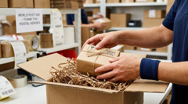 Worker packing a fragile parcel in a warehouse. World Post Day theme with shipping supplies