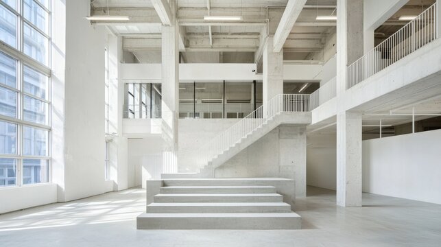 Modern Minimalist Interior of an Empty Gallery Featuring Concrete Steps and Ample Natural Light