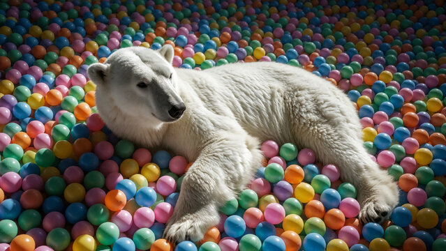 Polar bear in colorful ball pit