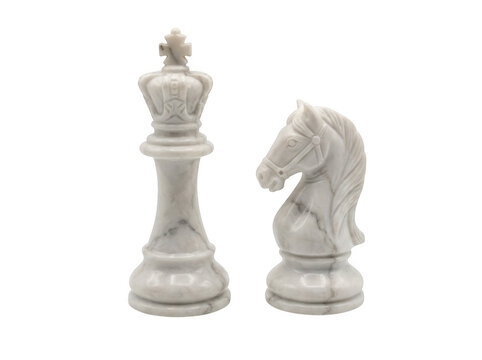 White marble chess pieces king and knight isolated on transparent background