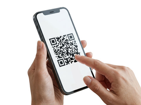 Person holding a smartphone and scanning a qr code on the screen isolated on transparent background