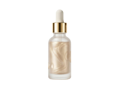 Glass bottle with gold shimmering cosmetic serum and dropper isolated on transparent background
