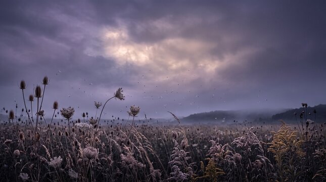 wild teasel meadow purple twilight mist spooky autumn atmosphere