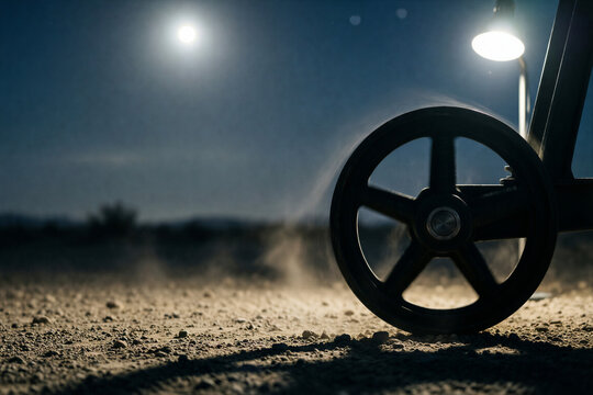 Industrial cart wheel rolling on desert ground at night