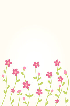 Cute pink flower border banner with green stems and copy space isolated on light background.