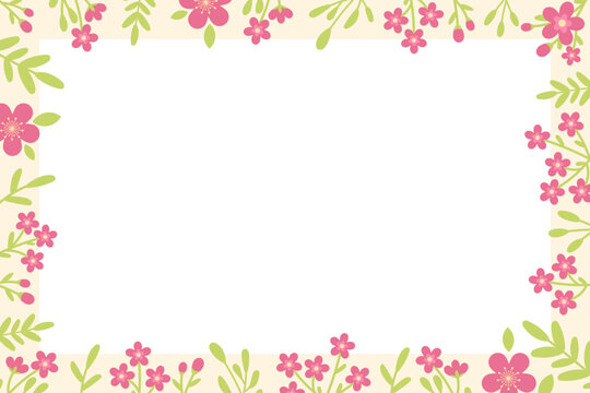 Floral frame template background with pink flowers and green leaves vector