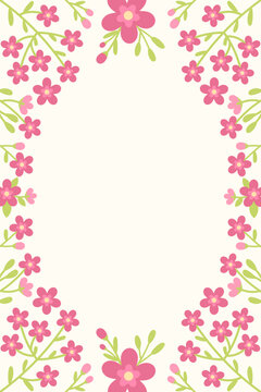 Pink Floral Border Frame with Cherry Blossom and Green Leaves Flat Vector Illustration