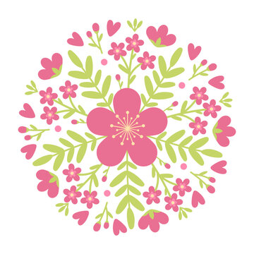 Round Floral Mandala with Pink Flowers Hearts and Green Leaves Flat Vector Illustration
