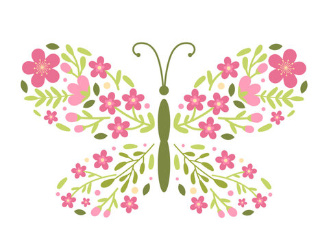 Hand drawn vector butterfly silhouette filled with small pink flowers, green leaves, and botanical twigs. Flat spring illustration isolated on white background.
