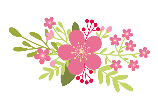 Seamless Floral Pattern with Pink Flowers, Green Leaves and Hearts on Dark Green Background