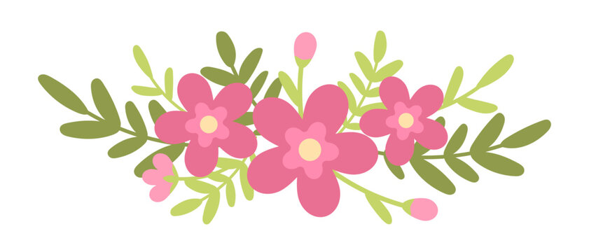 Seamless Floral Pattern with Pink Flowers, Green Leaves and Hearts on Dark Green Background