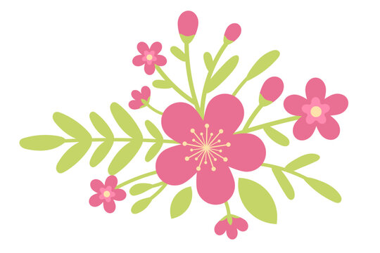 Seamless floral pattern with pink flowers, green leaves, buds and simple hearts on a dark green background, creating a playful botanical design with a modern folk aesthetic.