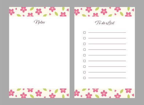 Floral planner set with Notes and To Do List vertical templates decorated with pink flowers.