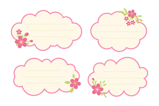 Cute cloud frame set with pink flowers and dotted lines vector note labels