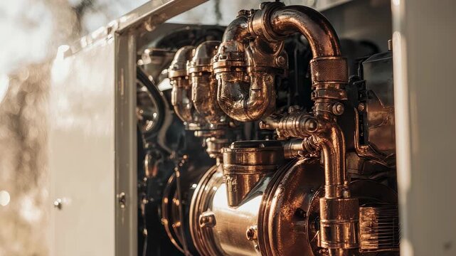 Polished brass and copper mechanical pipes inside engine. Steampunk industrial machinery close up