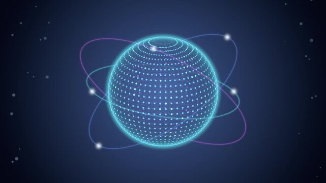 Hologram sphere loop rotating dots orbits cyan globe wireframe space ideal for technology presentations conference intros startup websites posters email promotions and product launch screens