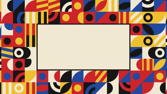 Bauhaus geometric pattern loop red yellow blue shapes tiles moving ideal for presentation slides social media posts brand intros brochures email promotions and web headers with room for text