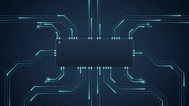 Circuit board loop glowing cyan traces chip dark navy technology ideal for technology presentations data company websites product launch intros flyers email promotions and conference screens