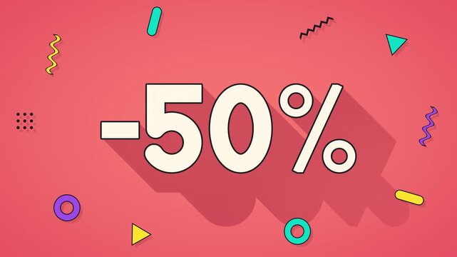 Minus fifty percent loop memphis coral shapes long shadow discount ideal for online shop promotions discount campaigns social media posts digital screens landing pages and retail advertising