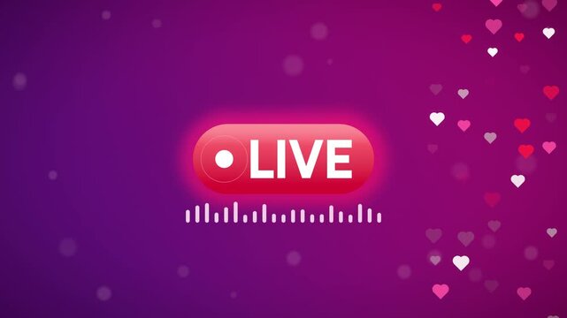 Live streaming badge loop red button hearts waveform purple broadcast ideal for streaming channel intros social media broadcasts webinar openers digital screens brochures and creator content