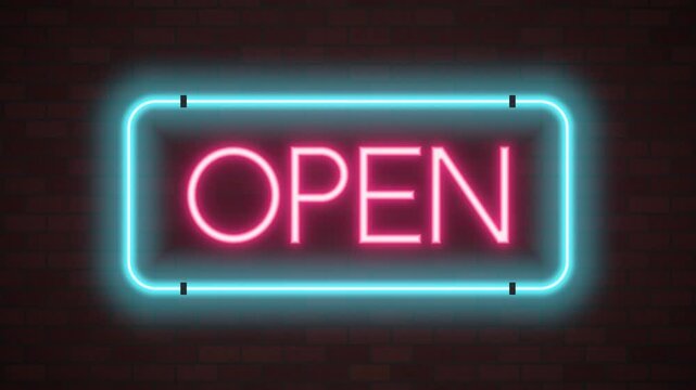 Open neon sign loop pink cyan brick wall glowing text ideal for shop window promotions bar advertising social media posts digital screens title sequences and business opening announcements