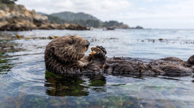 Sea Otter Floating on Its Back While Feeding in Coastal Seawater