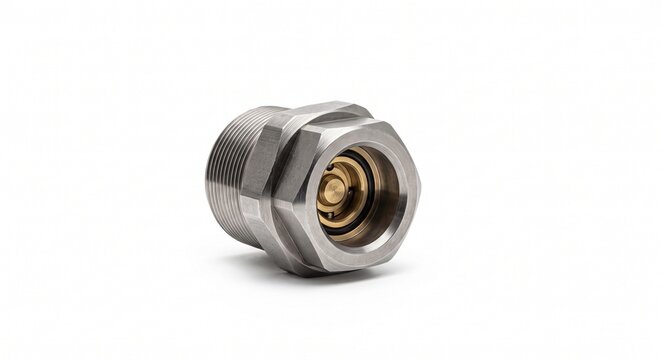 Mild steel grout injection port assembly with high-pressure threads and internal brass check valve. Heavy-duty tunnel segment void filling hardware isolated on white.