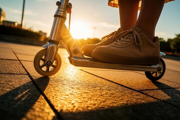 Obraz premium Close up view of feet wearing sneakers on kick scooter. Young person rides scooter on city pavement during golden hour. Warm sunset light creates bokeh effect on urban street. Summer lifestyle
