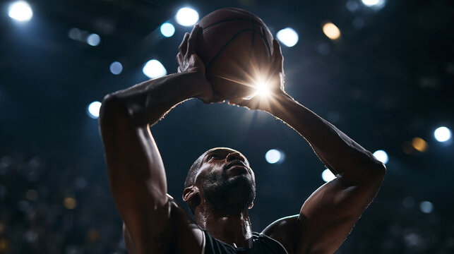 Basketball Player Shooting Ball Under Dramatic Arena Lights