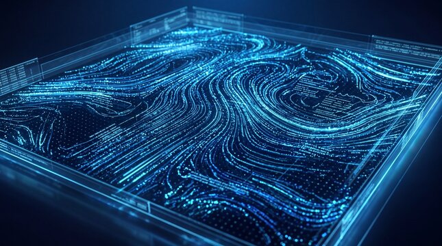 Futuristic Data Visualization Screen Showing Fluid Flow Dynamics