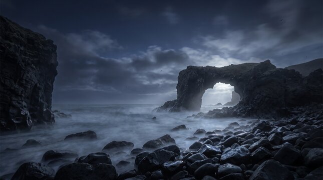 rock arch sea stack dark ocean waves night spooky gothic halloween