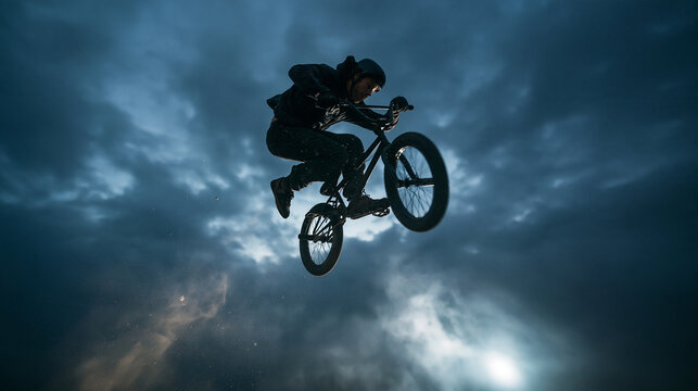 BMX Rider Performing Jump Trick Against Dramatic Sky