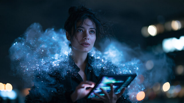 Woman Using Digital Tablet with Glowing Futuristic Data Cloud