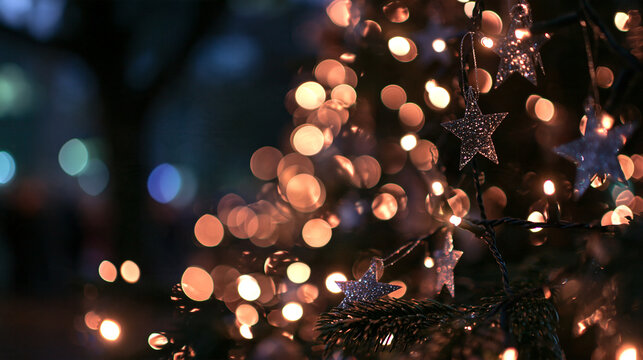 Festive Christmas Lights and Star Ornaments on Fir Branch