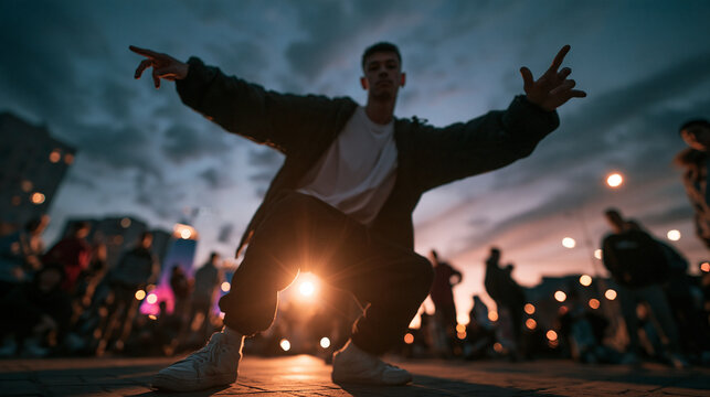 Male Hip Hop Dancer Performing on Urban Street at Dusk