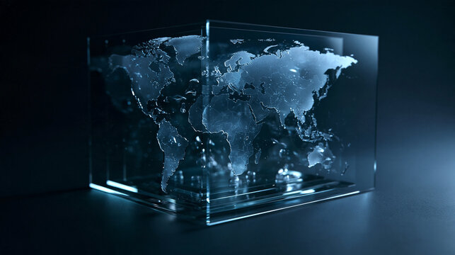 Glowing World Map Inside Transparent Glass Cube