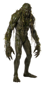Swamp monster creature in moss covered Halloween costume isolated on white background