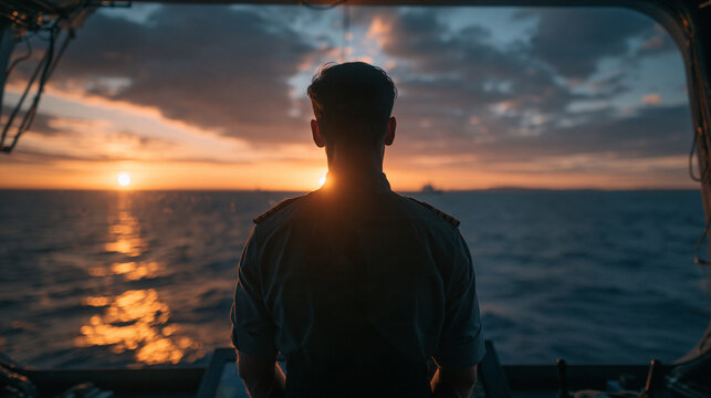 Naval Officer Looking at Sunset Over the Ocean