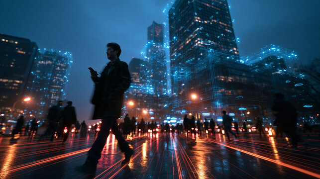 Man Walking with Smartphone in Futuristic Smart City