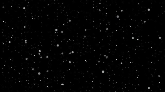 Falling snow overlay loop black background white snowflakes winter drift ideal for screen blending over live action clips title cards social media edits flyers posters and event promo layers