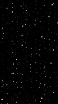 Vertical snow overlay loop black background white falling snowflakes winter ideal for screen blending over live action clips title cards social media edits newsletters and event promo layers