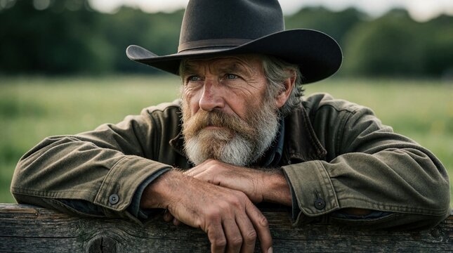 Mature bearded cowboy in black hat leans on wooden fence at rural ranch. Elderly western man looks away with thoughtful expression. Rugged farmer rests arms on timber rail in countryside field during